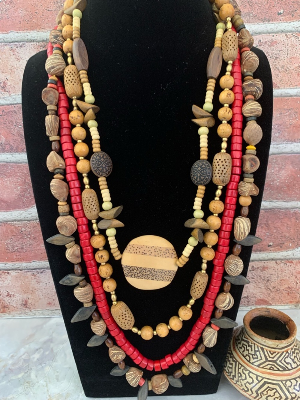 Red and Natural Layered Seed and Wood Beaded Necklaces Set of Four (4)